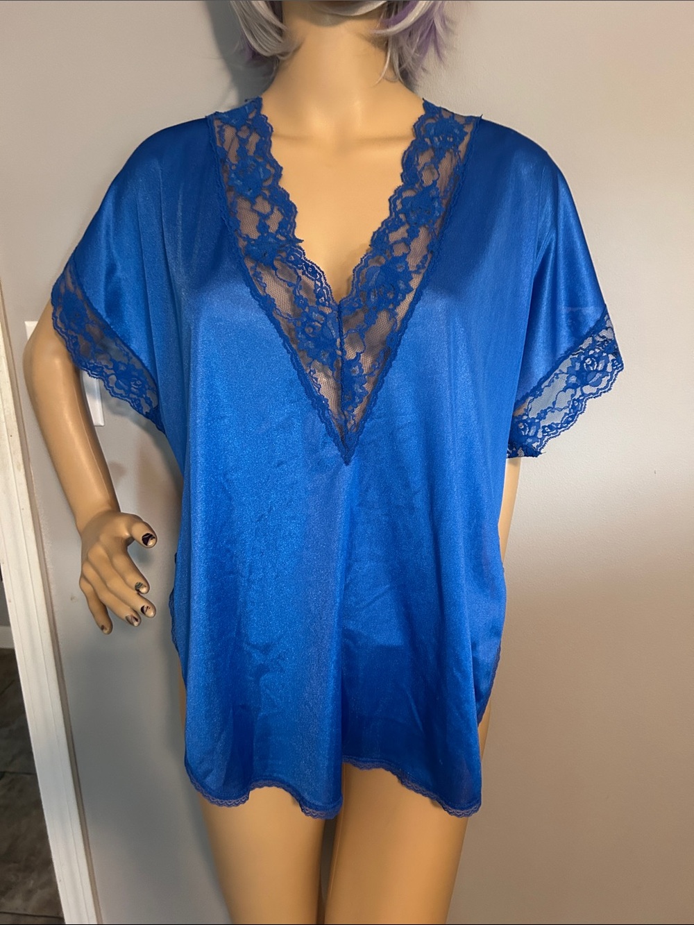 Frederick's of Hollywood Vintage 80’s Sapphire Satin Lace V-Neck Chemise Top